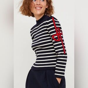 PATOU Breton jumper embroidered logo Women Small Navy Cream Red 100 merino wool